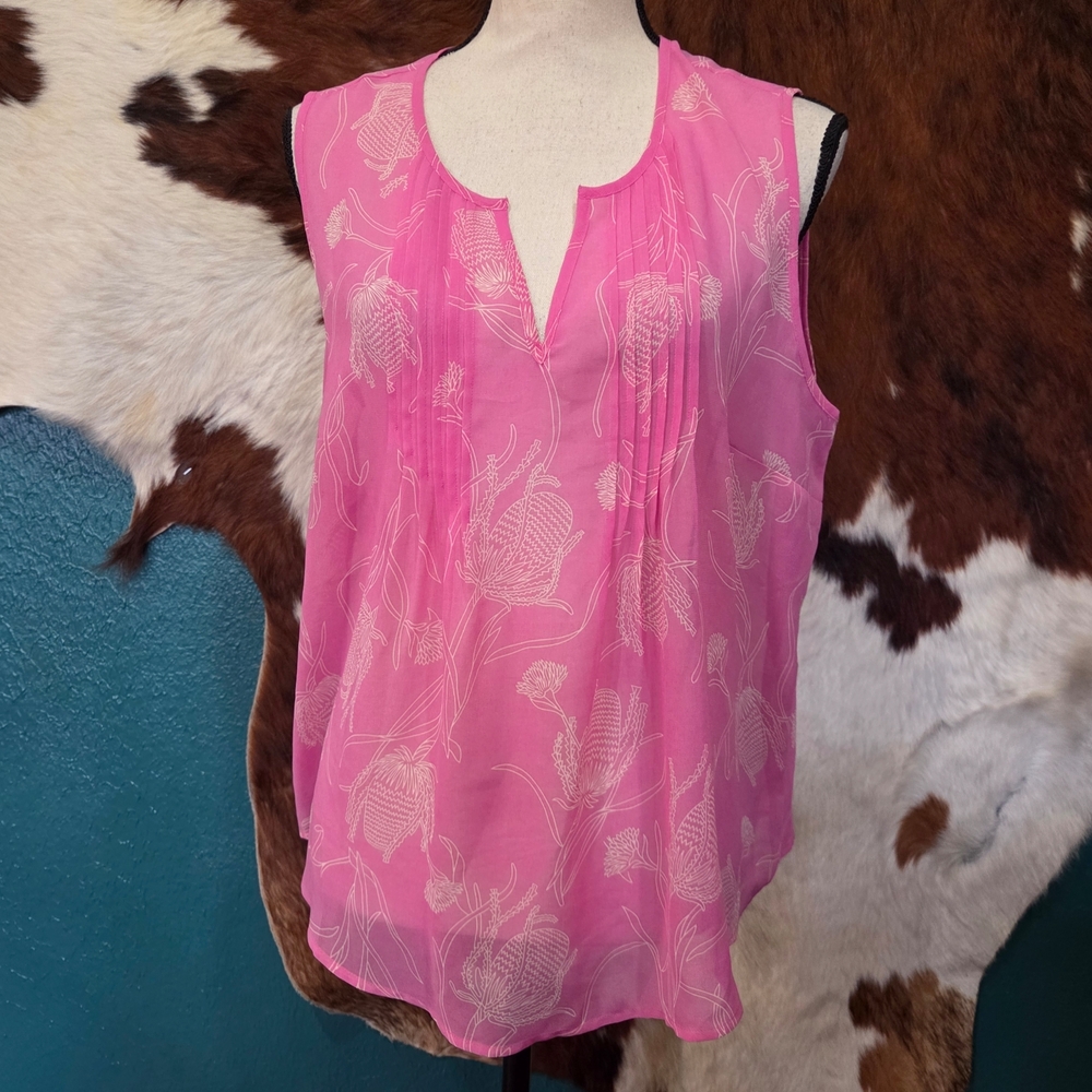 CAbi Pink Floral Pleated Sleeveless Camisole